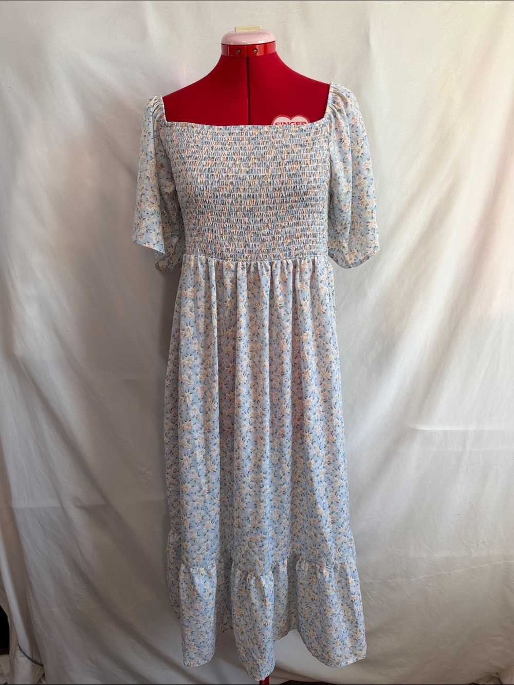 Smocked Square Neck Light Blue Floral Maxi Dress